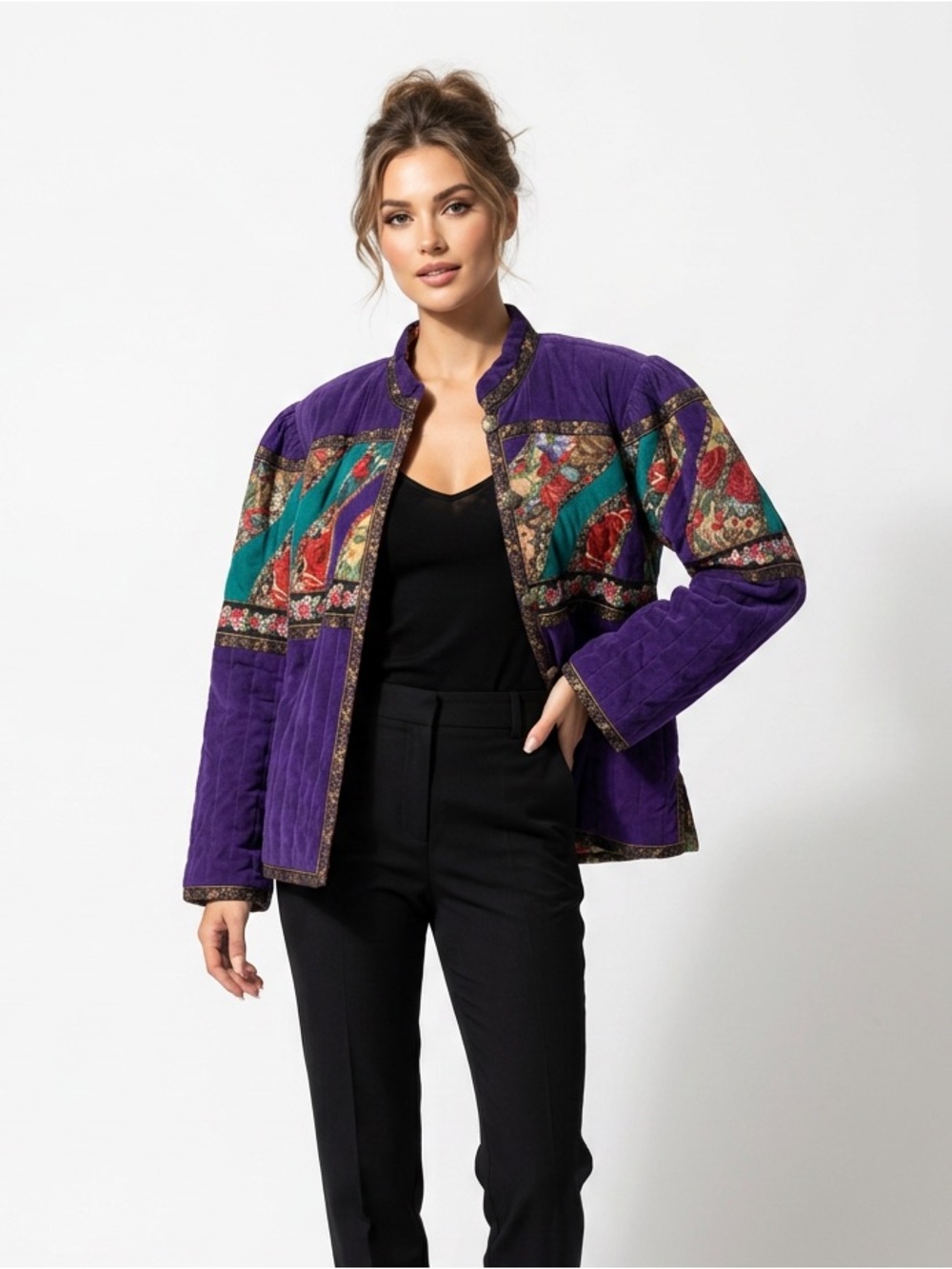 Suttles & Seawinds Purple Quilted Boho Jacket with Multicolor Patchwork